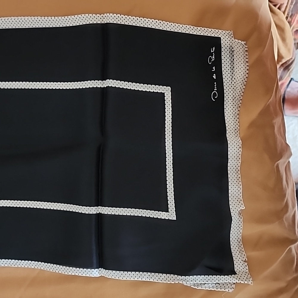 80s Oscar de la Renta silk scarf / black and white polka dot trim rectangle